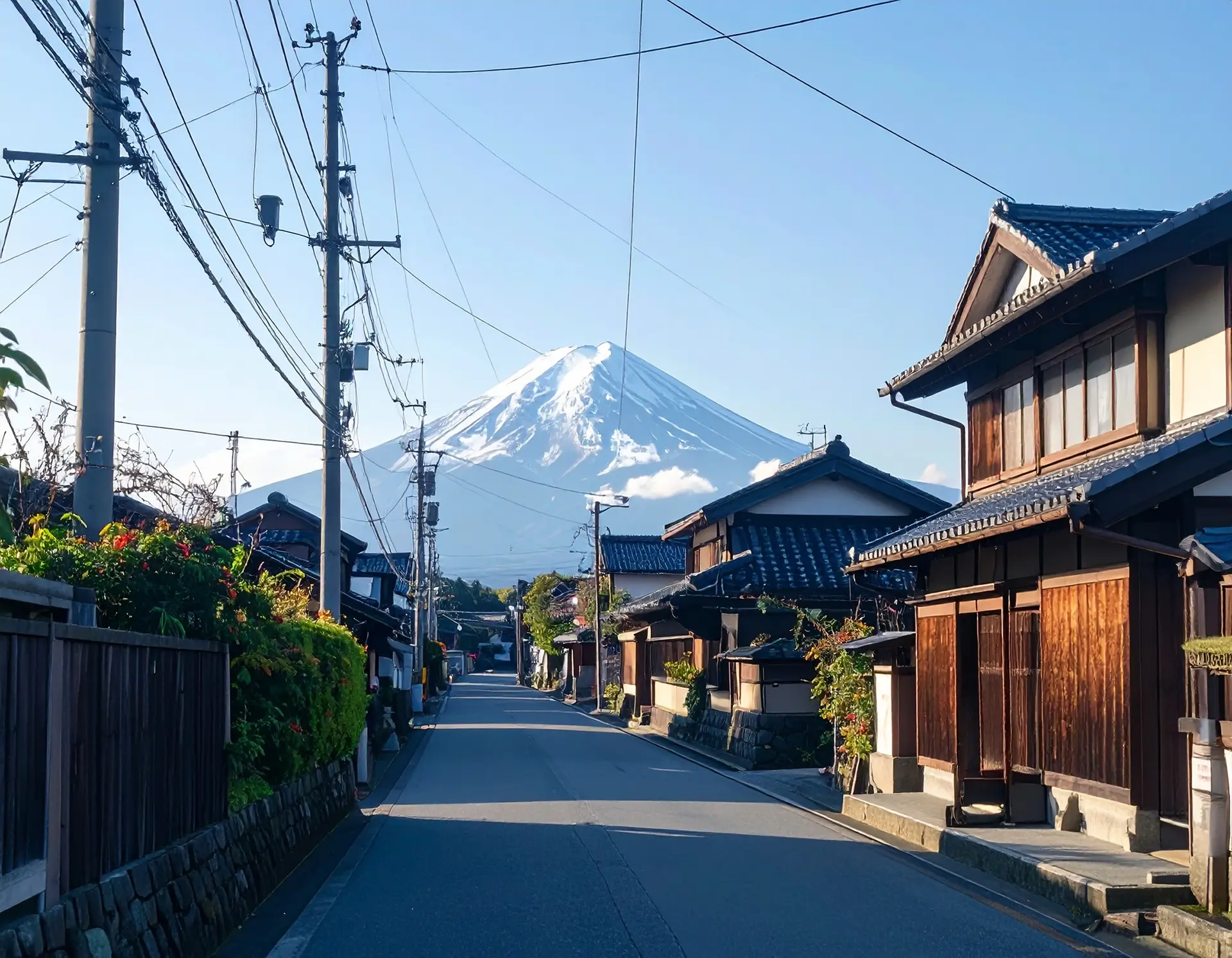 Traditional street in Yamanashi with Mt. Fuji in background