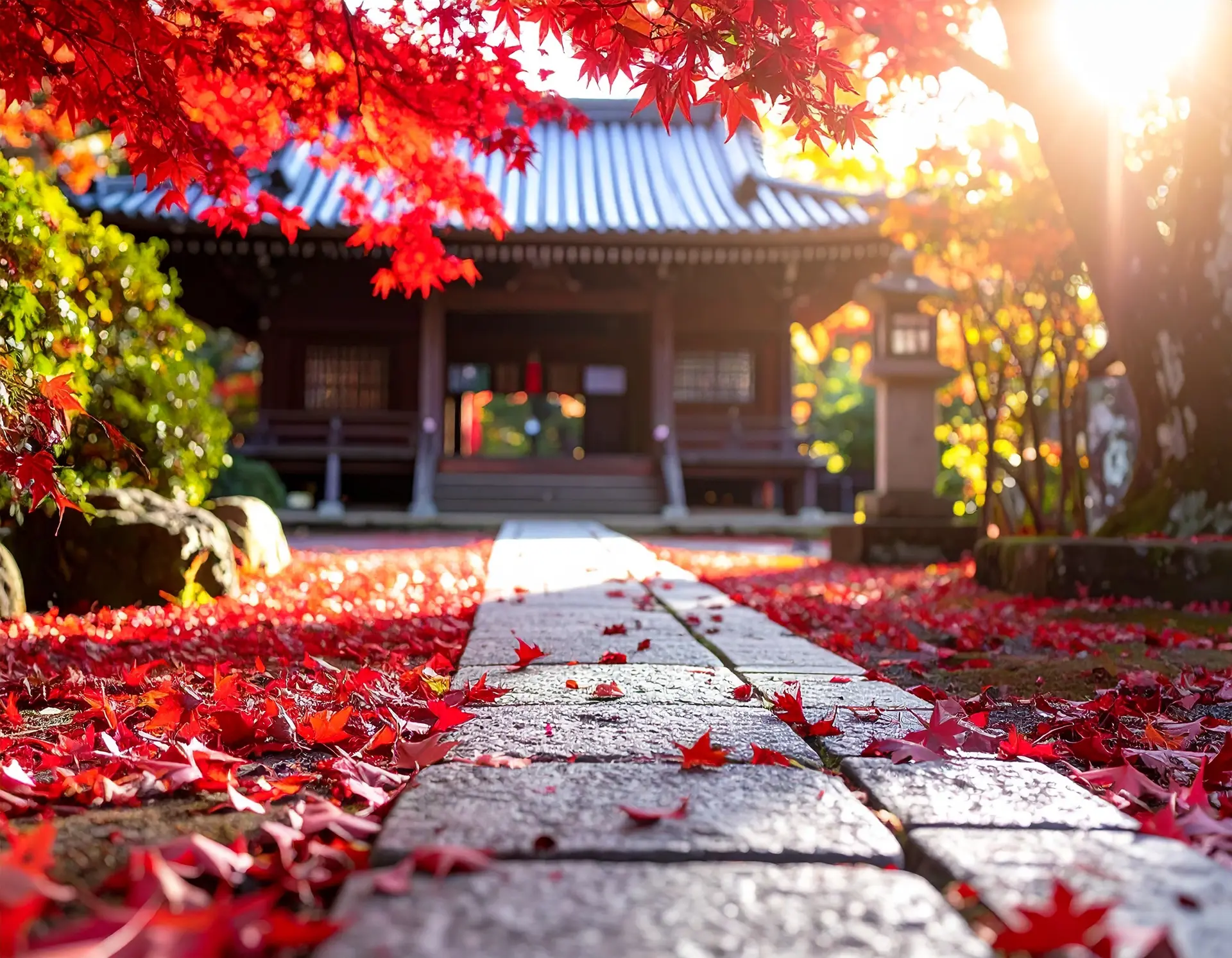 Japanese temple surrounded by red maple leaves in autumn