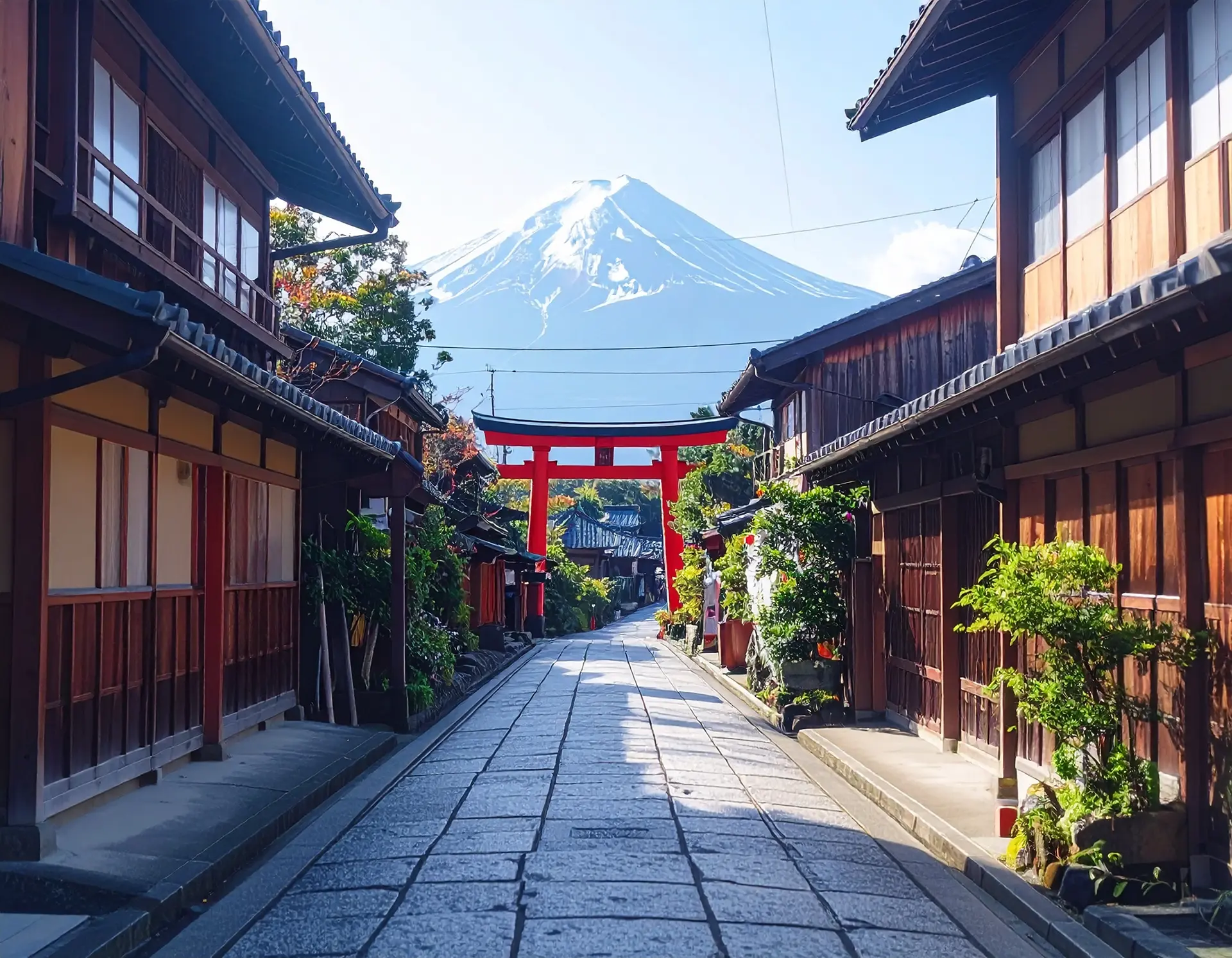 A scenic street with temples and shrines in Japan