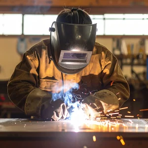 A person in workwear practicing TIG welding in a calm, naturally lit Japanese workshop