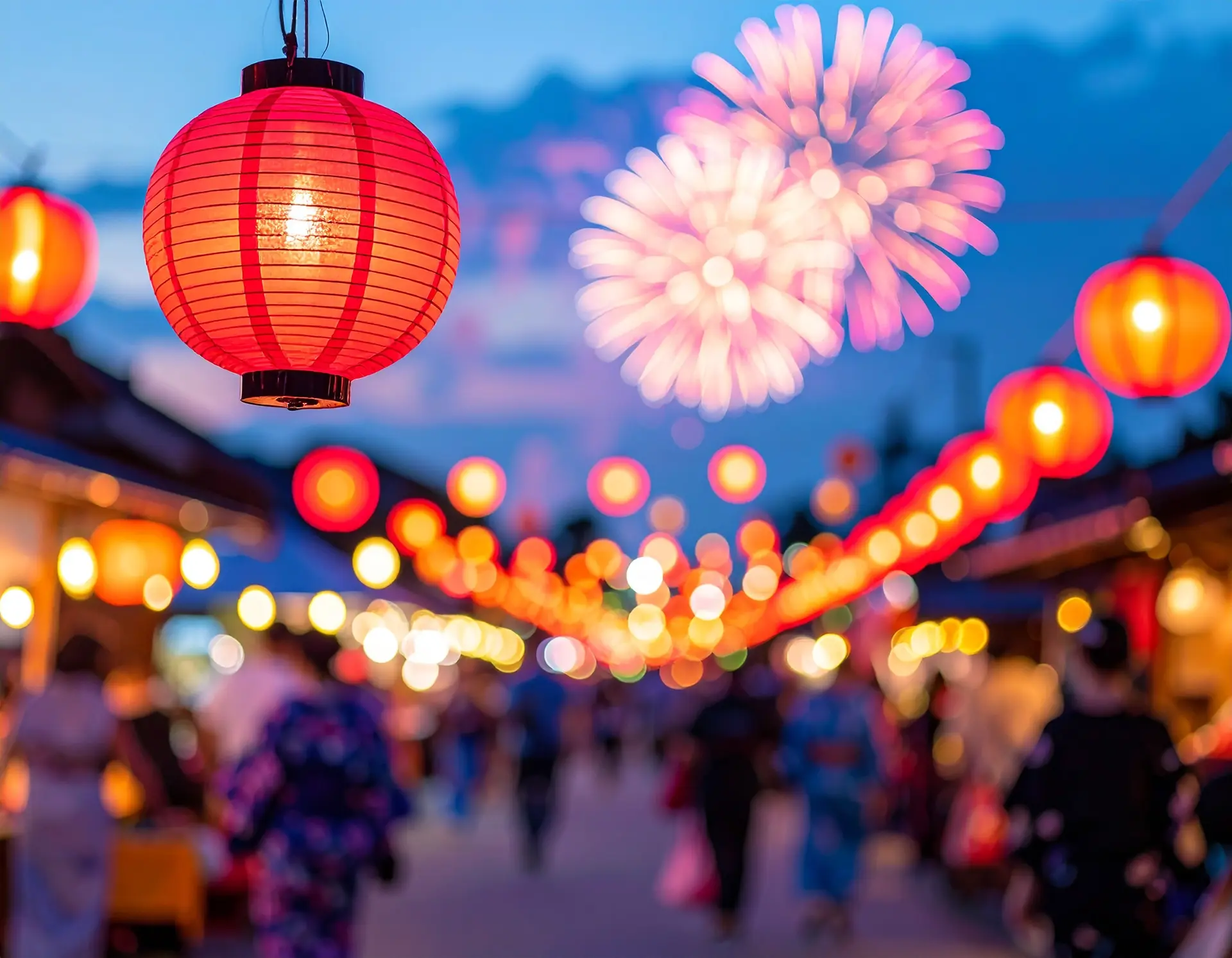 A Japanese summer festival with people in yukata and lanterns