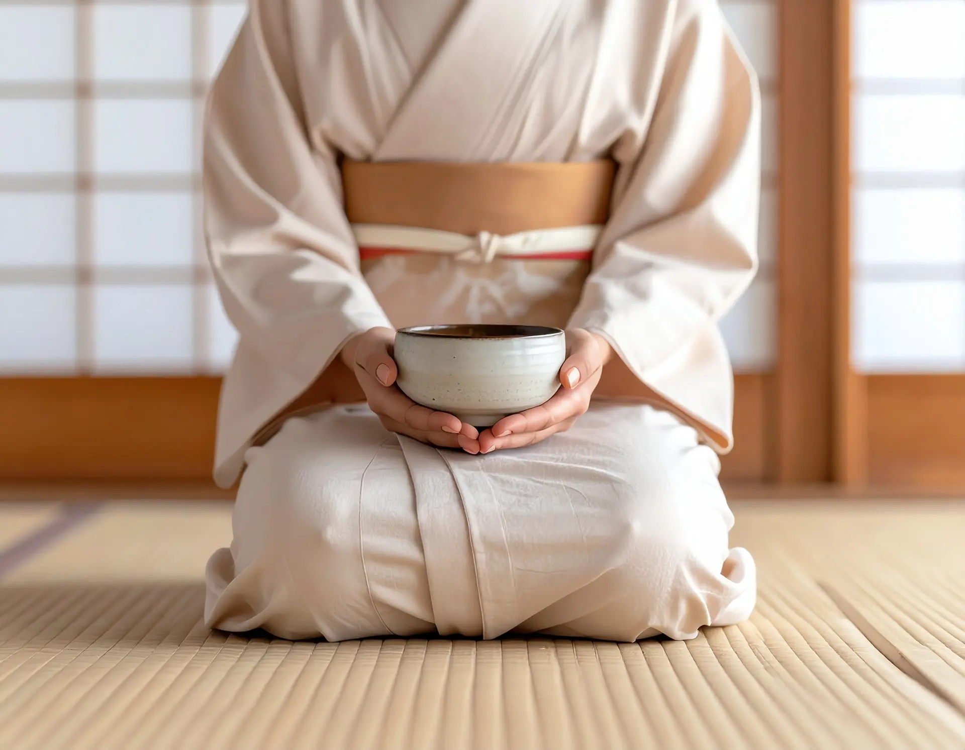 A person performing a traditional Japanese tea ceremony, kneeling on tatami and holding a tea bowl in a peaceful room