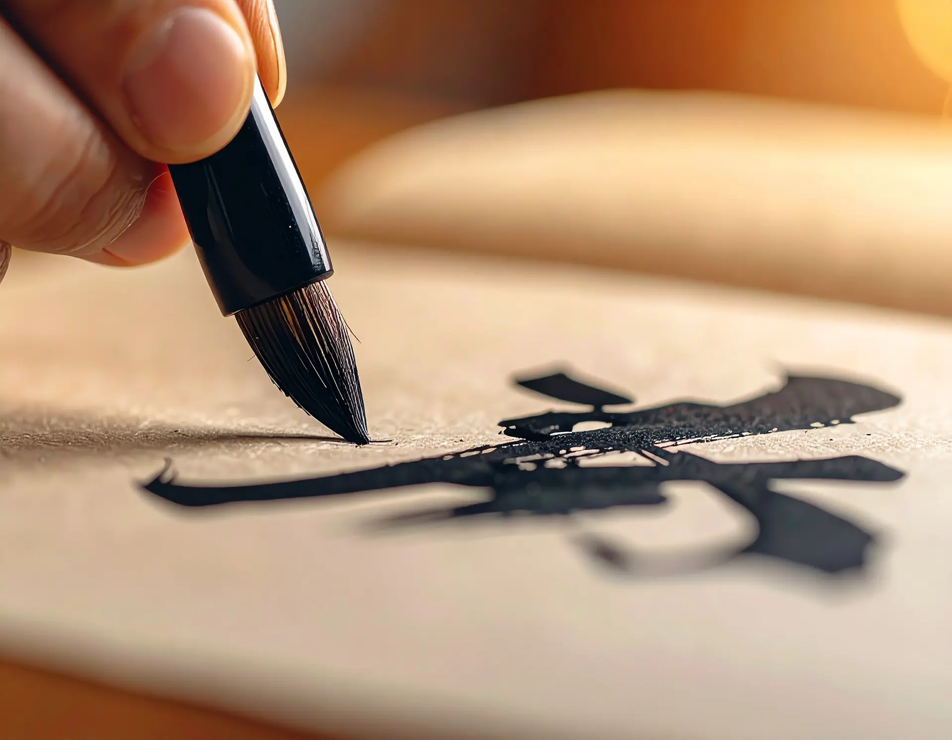 Close-up of Japanese calligraphy practice with brush, washi paper, and inkstone in a quiet, focused setting