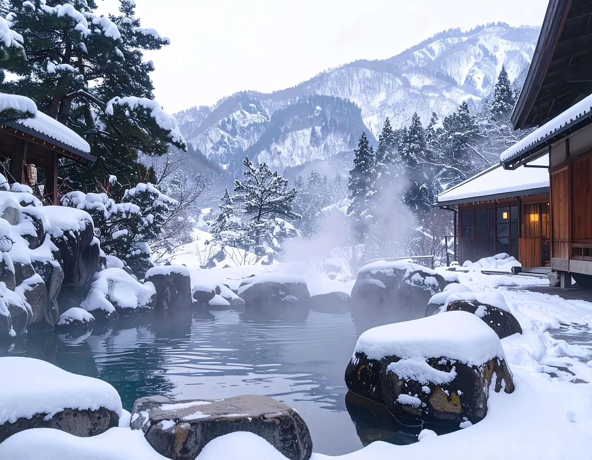 Japanese outdoor hot spring covered in snow with rising steam